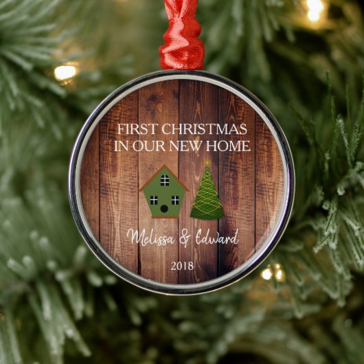 初めてのクリスマスは我々の新しいホームウッドバードハウス メタルオーナメント (ツリー)