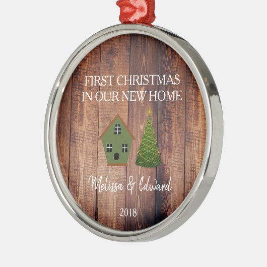 初めてのクリスマスは我々の新しいホームウッドバードハウス メタルオーナメント (左)