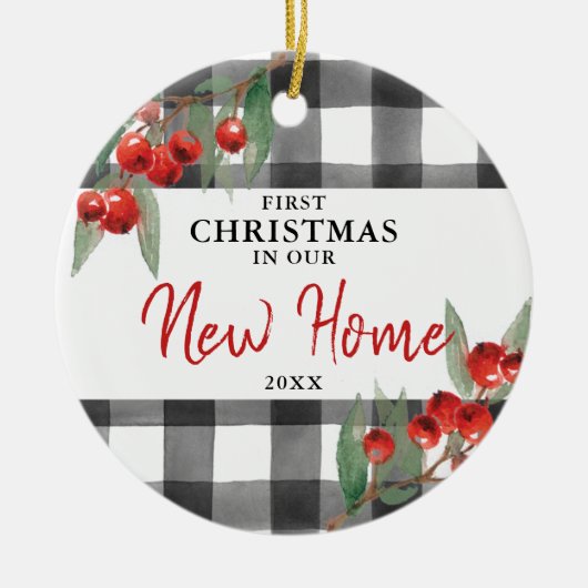 初めてのクリスマスは新しいホームプレイドパーソナライズされたで セラミックオーナメント (正面)