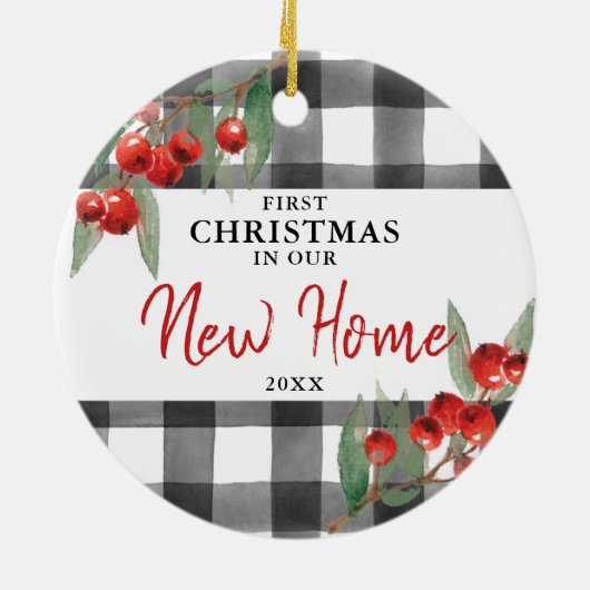 初めてのクリスマスは新しいホームプレイドパーソナライズされたで セラミックオーナメント (裏面)