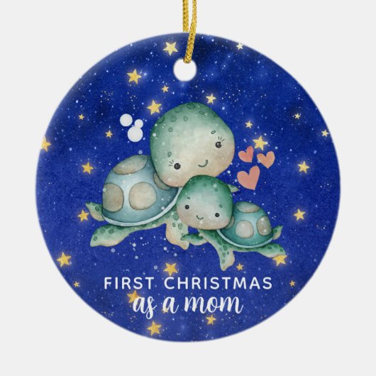 初めてのクリスマスは母のウミガメパーソナライズされた セラミックオーナメント (正面)