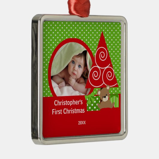 初めてのクリスマスは甘いベビーくまの男の子の写真を飾ります メタルオーナメント (右)