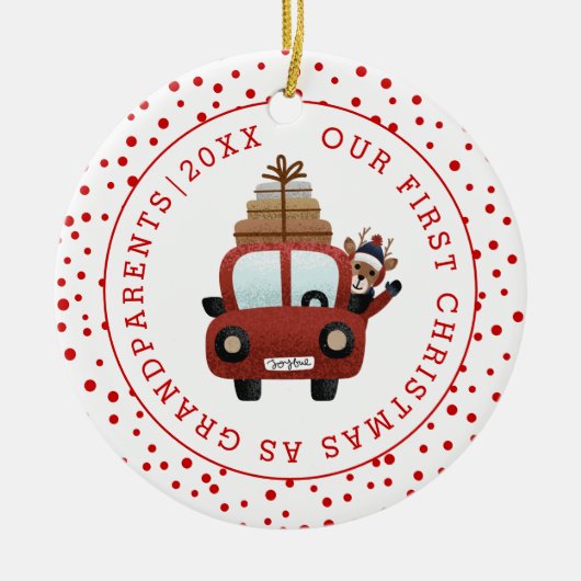 初めてのクリスマスは祖父母の車と赤い写真 セラミックオーナメント (正面)