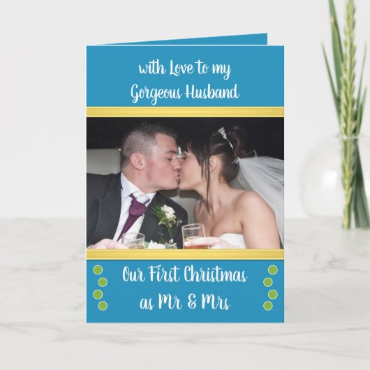 初めてのクリスマスは青と緑の写真とミセス カード (正面)