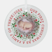 初めてのクリスマスは3つのリース写真の家族として ガラスオーナメント (正面)
