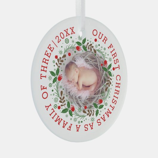 初めてのクリスマスは3つのリース写真の家族として ガラスオーナメント (正面右)