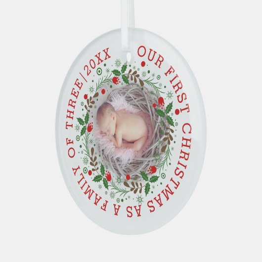 初めてのクリスマスは3つのリース写真の家族として ガラスオーナメント (正面左)