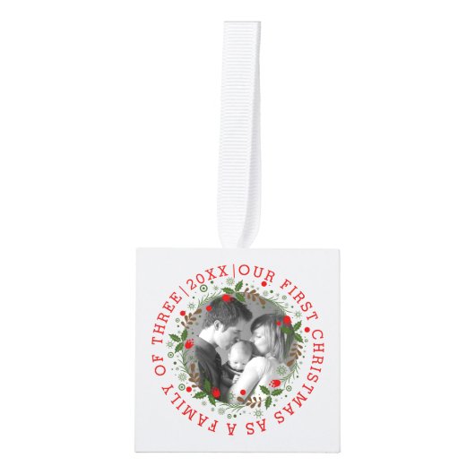初めてのクリスマスは3つのリース写真の家族として キューブオーナメント (正面)