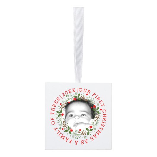 初めてのクリスマスは3つのリース写真の家族として キューブオーナメント (右)