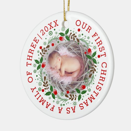 初めてのクリスマスは3つのリース写真の家族として セラミックオーナメント (左)