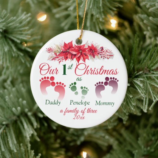 初めてのクリスマスは3ポインセチアの家族 セラミックオーナメント (ツリー)