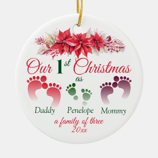 初めてのクリスマスは3ポインセチアの家族 セラミックオーナメント (正面)