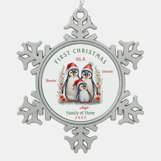 初めてのクリスマスは3人の家族として スノーフレークピューターオーナメント (正面)