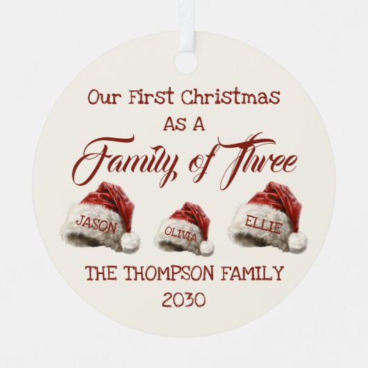 初めてのクリスマスは3人の家族パーソナライズされた メタルオーナメント (正面)