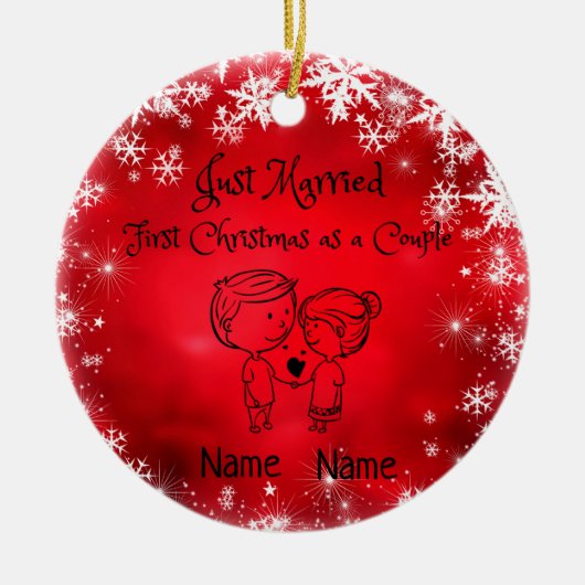 初めてのクリスマスをカップルとして – たった今結婚しました セラミックオーナメント (正面)