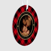 初めてのクリスマスをパパ素朴赤の格子縞の写真 オーナメント (正面)