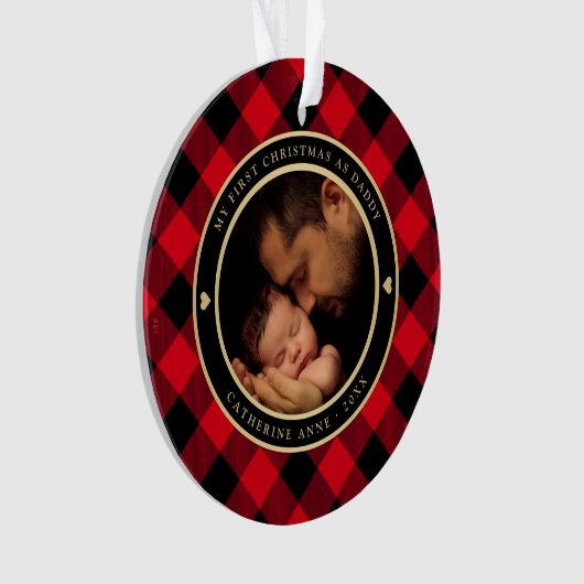 初めてのクリスマスをパパ素朴赤の格子縞の写真 オーナメント (正面)