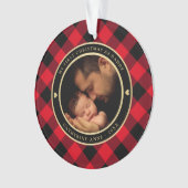 初めてのクリスマスをパパ素朴赤の格子縞の写真 オーナメント (正面)