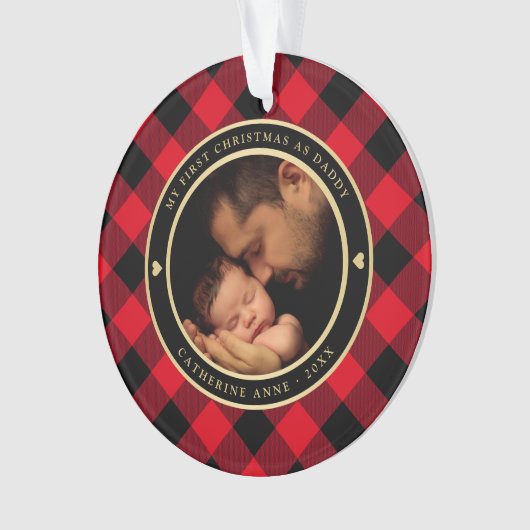 初めてのクリスマスをパパ素朴赤の格子縞の写真 オーナメント (正面)