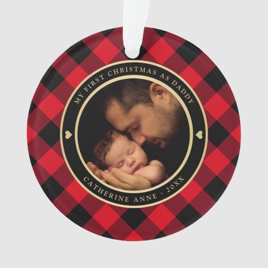 初めてのクリスマスをパパ素朴赤の格子縞の写真 オーナメント (正面)