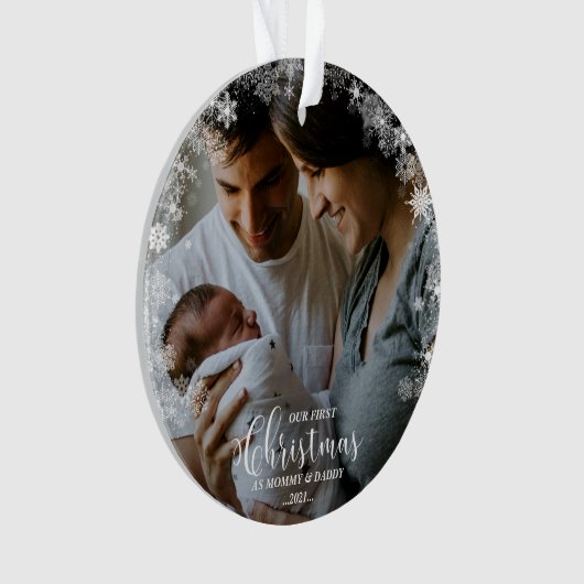 初めてのクリスマスをママとパパのスノーフレーク写真 オーナメント (正面)