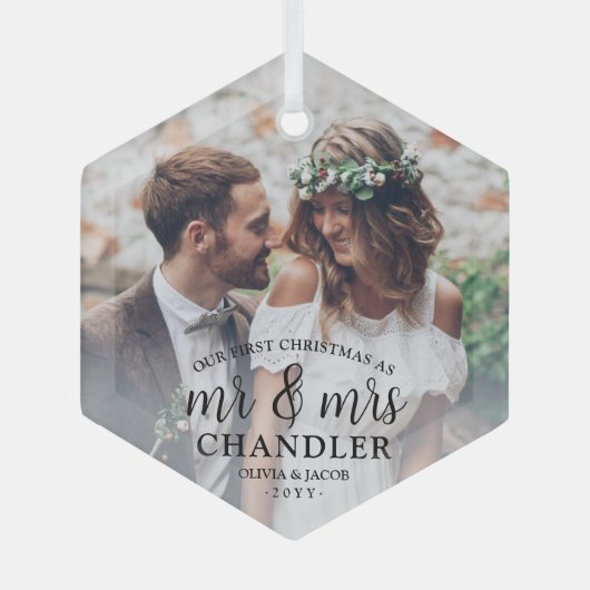 初めてのクリスマスをミスター&ミセス・フォトシンプルオーバーレイ ガラスオーナメント (正面)