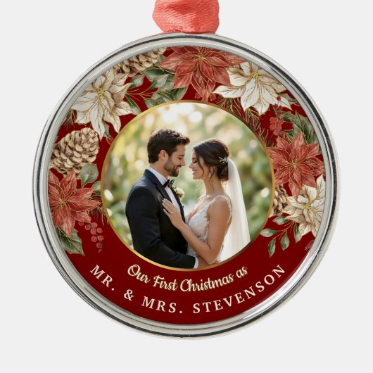 初めてのクリスマスをミスター・ミセス・フローラ写真として メタルオーナメント (正面)