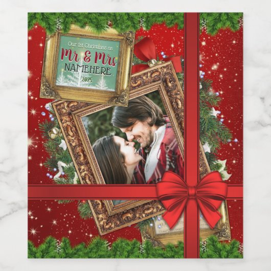 初めてのクリスマスをミスター・ミセス・金ゴールド・フレーム写真 ワインラベル (シングルラベル)