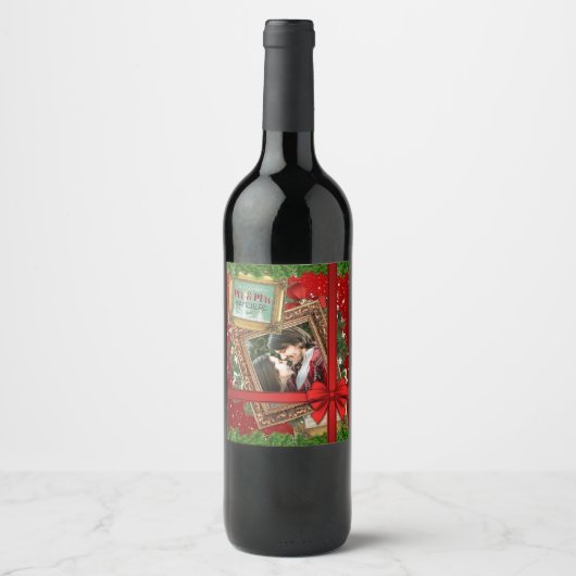初めてのクリスマスをミスター・ミセス・金ゴールド・フレーム写真 ワインラベル (正面)