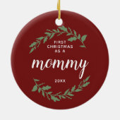 初めてのクリスマスをモミーパーソナライズされたレッド&グリーン セラミックオーナメント (裏面)