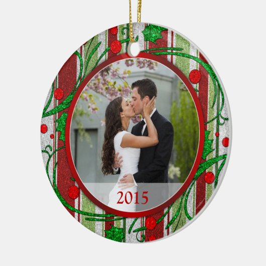 初めてのクリスマスを一緒にフォトキャンディストライプー セラミックオーナメント (左)