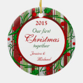 初めてのクリスマスを一緒にフォトキャンディストライプー セラミックオーナメント (裏面)