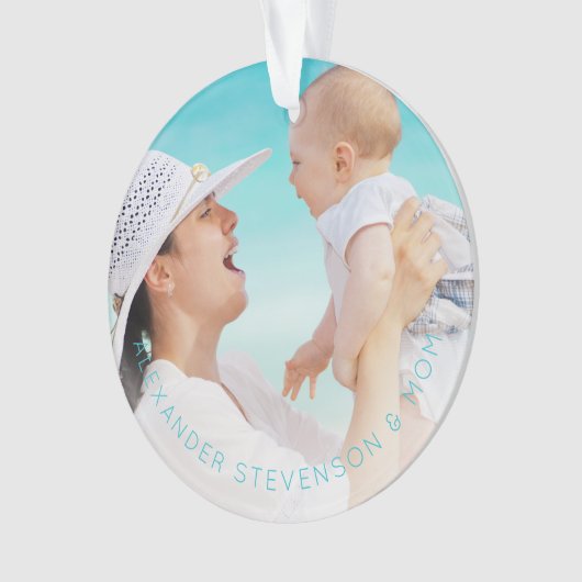 初めてのクリスマスを一緒に新生児フォトアクアブルー オーナメント (正面)