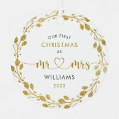 初めてのクリスマスを夫の妻として金ゴールドリース写真 メタルオーナメント (正面)