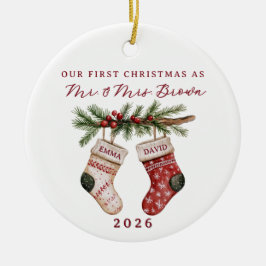 初めてのクリスマスを夫婦で ウォーターカラーのクリスマスソックス セラミックオーナメント