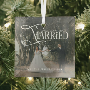 初めてのクリスマスを夫婦で Mr & Mrs カップルフォト ガラスオーナメント