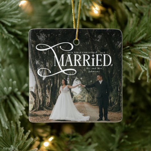 初めてのクリスマスを夫婦で Mr & Mrs カップルフォト セラミックオーナメント (ツリー)