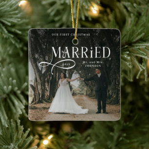 初めてのクリスマスを夫婦で Mr & Mrs カップルフォト セラミックオーナメント