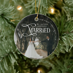 初めてのクリスマスを夫婦で Mr & Mrs カップルフォト セラミックオーナメント