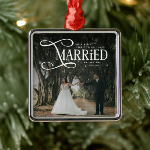 初めてのクリスマスを夫婦で Mr & Mrs カップルフォト メタルオーナメント