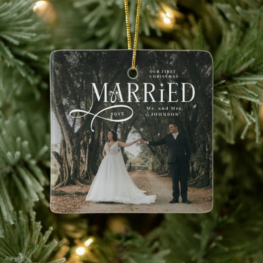 初めてのクリスマスを夫婦で Mr & Mrs カップル 写真 セラミックオーナメント (ツリー)