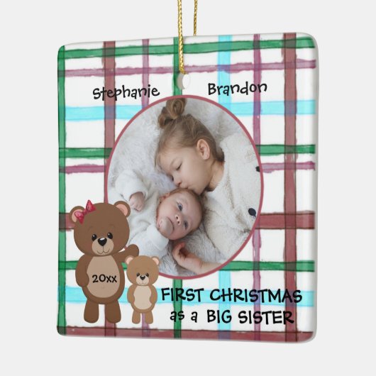 初めてのクリスマスを姉妹写真とパーソナライズされたして セラミックオーナメント (左)