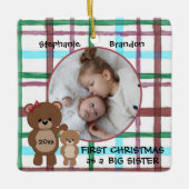 初めてのクリスマスを姉妹写真とパーソナライズされたして セラミックオーナメント (正面)