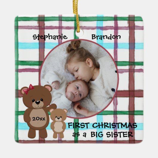 初めてのクリスマスを姉妹写真とパーソナライズされたして セラミックオーナメント (正面)