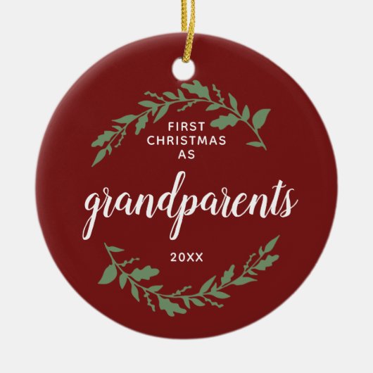 初めてのクリスマスを祖父母としてパーソナライズされたクリスマス セラミックオーナメント (正面)