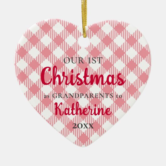 初めてのクリスマスを祖父母としてピンクのハート写真 セラミックオーナメント (正面)