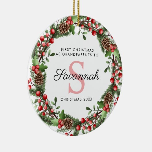 初めてのクリスマスを祖父母としてフローラリース セラミックオーナメント (右)