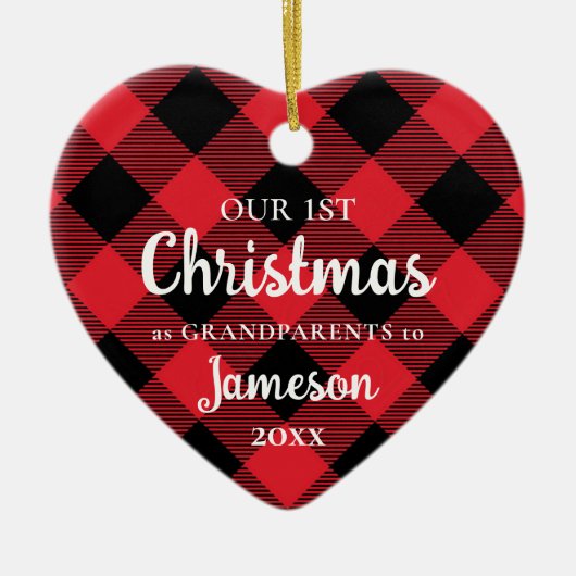 初めてのクリスマスを祖父母としてプレイドハート セラミックオーナメント (正面)
