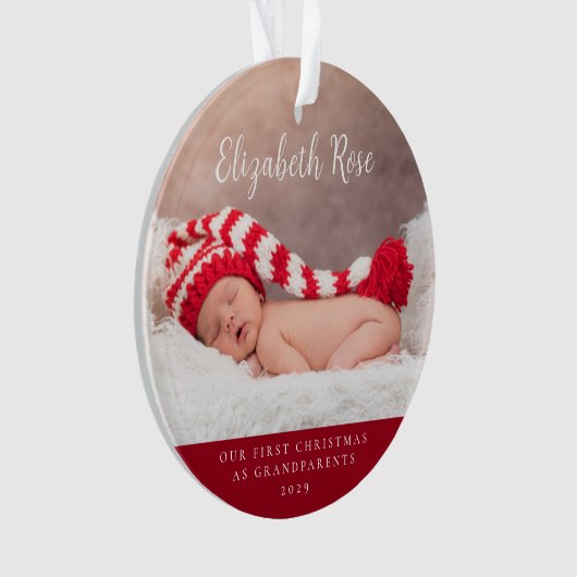 初めてのクリスマスを祖父母としてベビー写真または名前 オーナメント (正面)