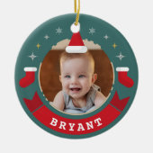 初めてのクリスマスを祖父母としてベビー写真 セラミックオーナメント (正面)